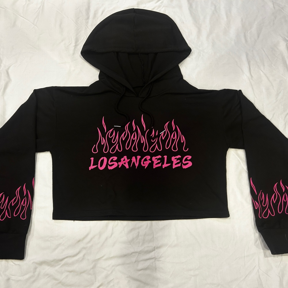 Black Cropped Hoodie Pink Flame Sleeve Graphic Hoodie